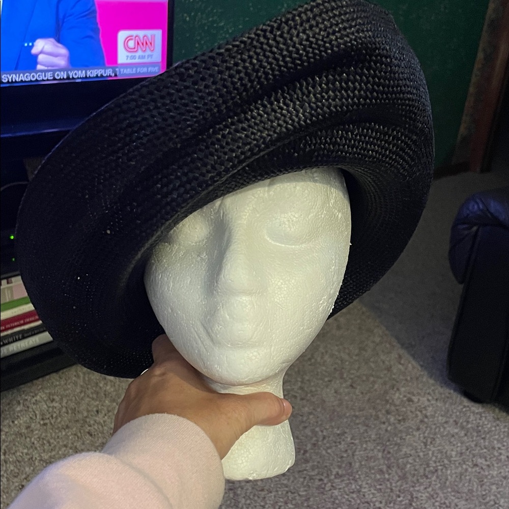 Vintage 50s folded rim asymmetrical Black Women's straw Hat with ribbon